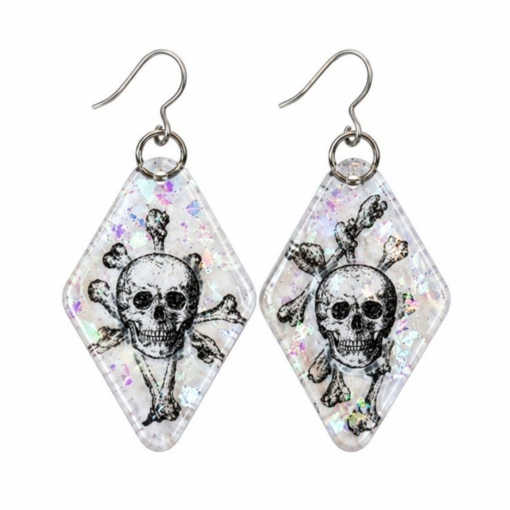 Skull Crossbones Resin Dangle Earrings Clear Glitter Goth Halloween OOAK